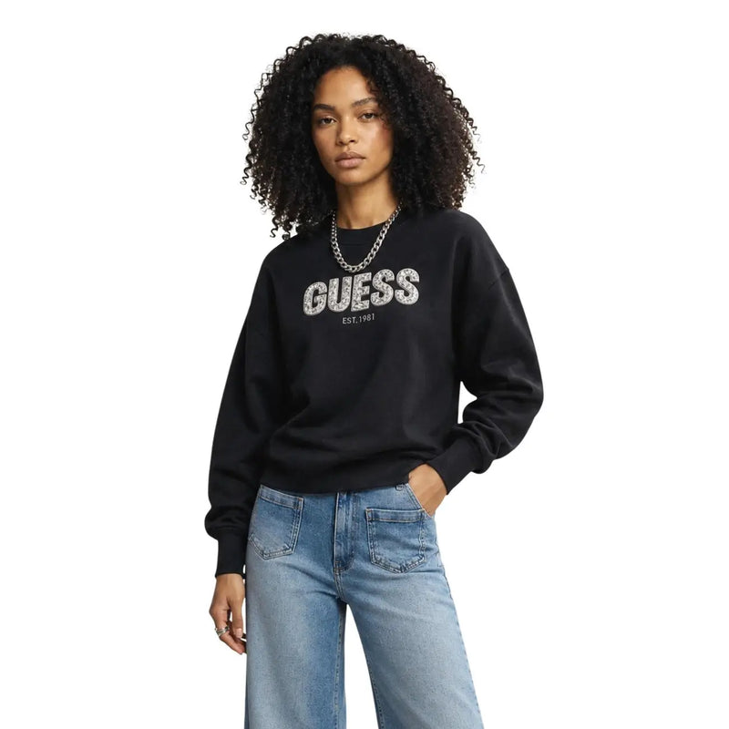 Guess Schwarzes Damen-Sweatshirt mit glitzerndem silbernen Logo aus Viskosemischgewebe für lässige Anlässe