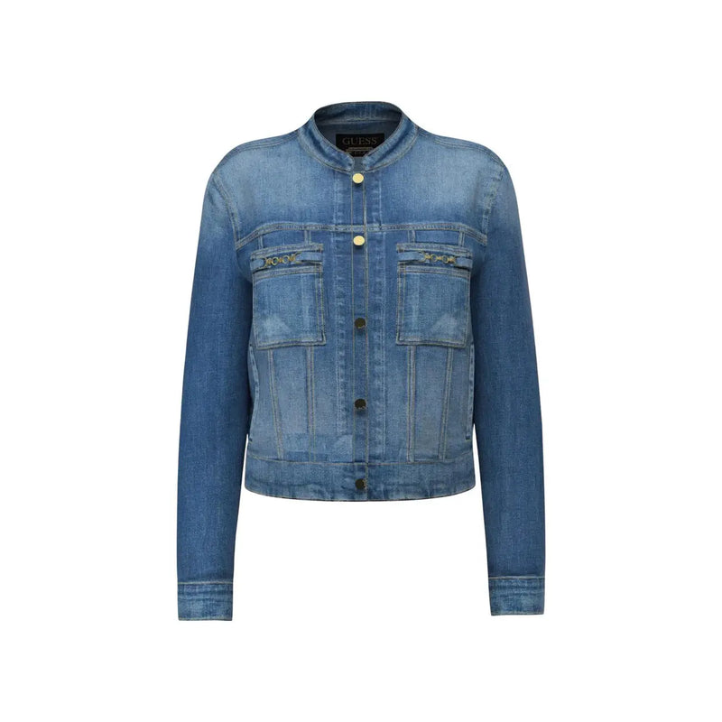 Guess Damenblazer-Jacke aus blauer Baumwolle im Ivy-Stil mit mittelblauer Waschung, Stehkragen, Knopfleiste und goldfarbenen Beschlägen