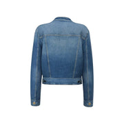 Guess Damenblazer aus blauer Baumwolle, Ivy-Jacke aus mittelblauem Denim mit klassischen Ziernähten und geknöpften Manschetten