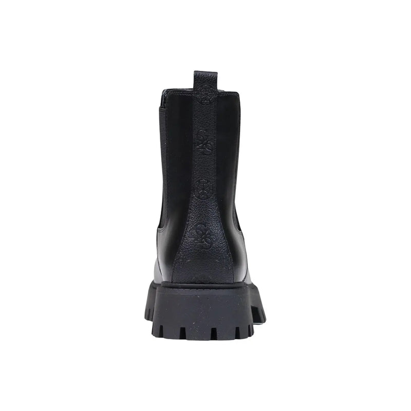 Schwarzes Leder Guess Chelsea-Boot für Damen mit klobiger Gummisohle und geprägtem Logo-Detail im FIDA-Stil