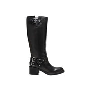 Guess Schwarzer Damen-Kniestiefel aus Leder mit silbernen Schnallenriemen und niedrigem Blockabsatz für den Winter