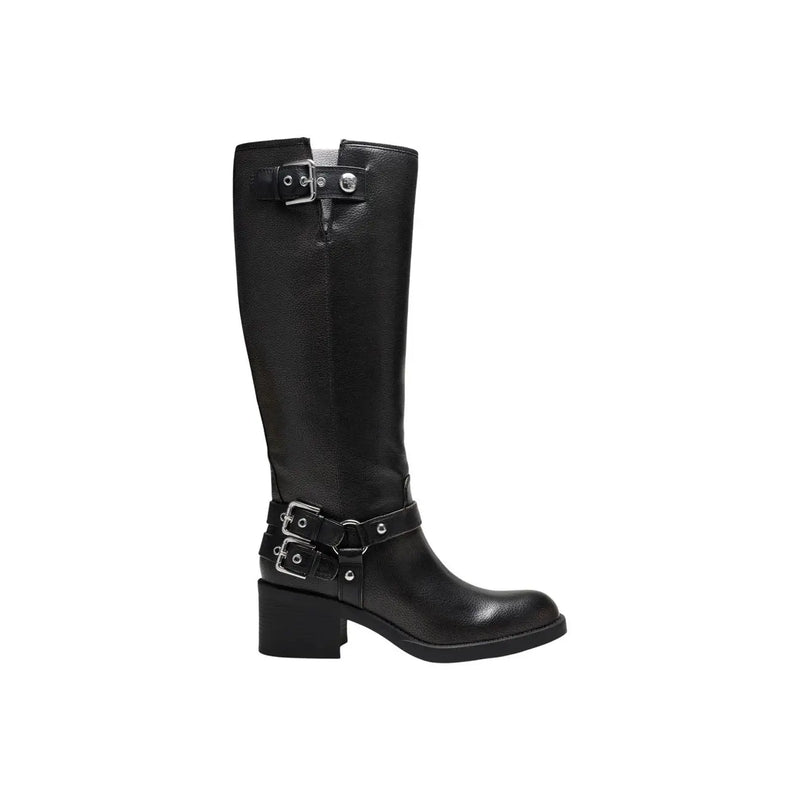 Guess Schwarzer Damen-Kniestiefel aus Leder mit silbernen Schnallenriemen und niedrigem Blockabsatz für den Winter