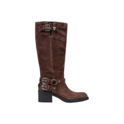 Guess Braune Damen-Kniestiefel aus Wildleder mit silbernen Schnallenriemen und schwarzem Blockabsatz für den Winter