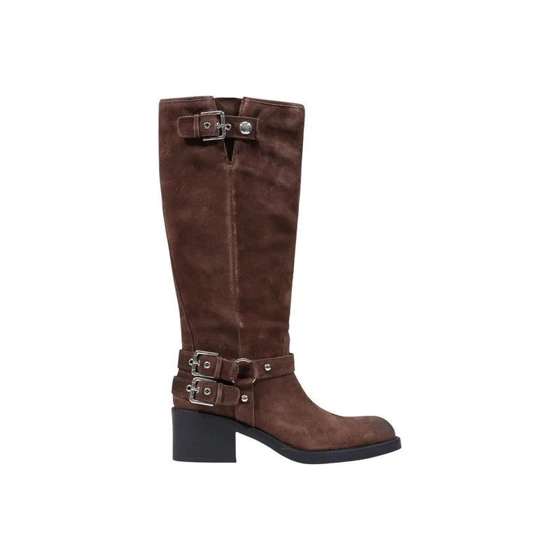Guess Braune Damen-Kniestiefel aus Wildleder mit silbernen Schnallenriemen und schwarzem Blockabsatz für den Winter