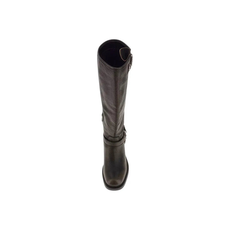 Guess Damenstiefel, schwarz, Polyurethan, Winterschuhwerk, dunkelbrauner Lederstiefel, kniehoch, mit strukturierter Oberfläche und silbernen Schnallen