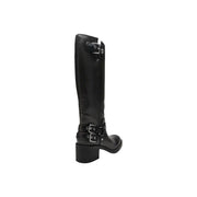 Guess Schwarze Damenstiefel aus Polyurethan, kniehoch, Winterstiefel mit silbernen Schnallenriemen und Blockabsatz