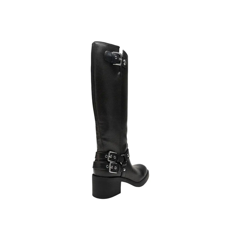 Guess Schwarze Damenstiefel aus Polyurethan, kniehoch, Winterstiefel mit silbernen Schnallenriemen und Blockabsatz
