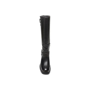 Guess Schwarze kniehohe Damenstiefel mit eckiger Zehenpartie und Schnallendetail aus Polyurethan für den Winter.