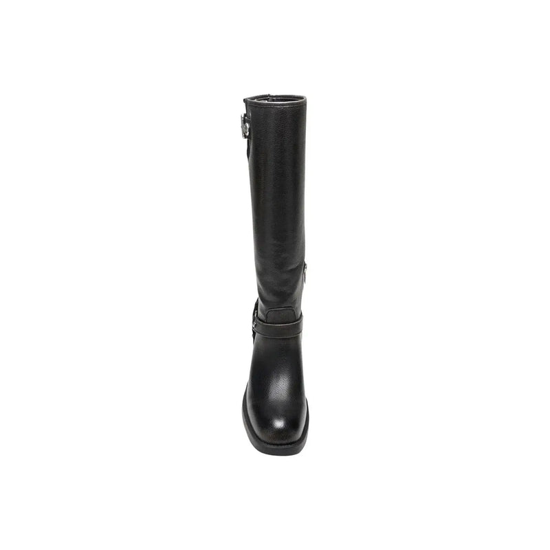 Guess Schwarze kniehohe Damenstiefel mit eckiger Zehenpartie und Schnallendetail aus Polyurethan für den Winter.