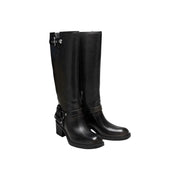 Guess Schwarze kniehohe Damenstiefel aus Polyurethan mit Blockabsätzen und silbernen Schnallen für den Winter