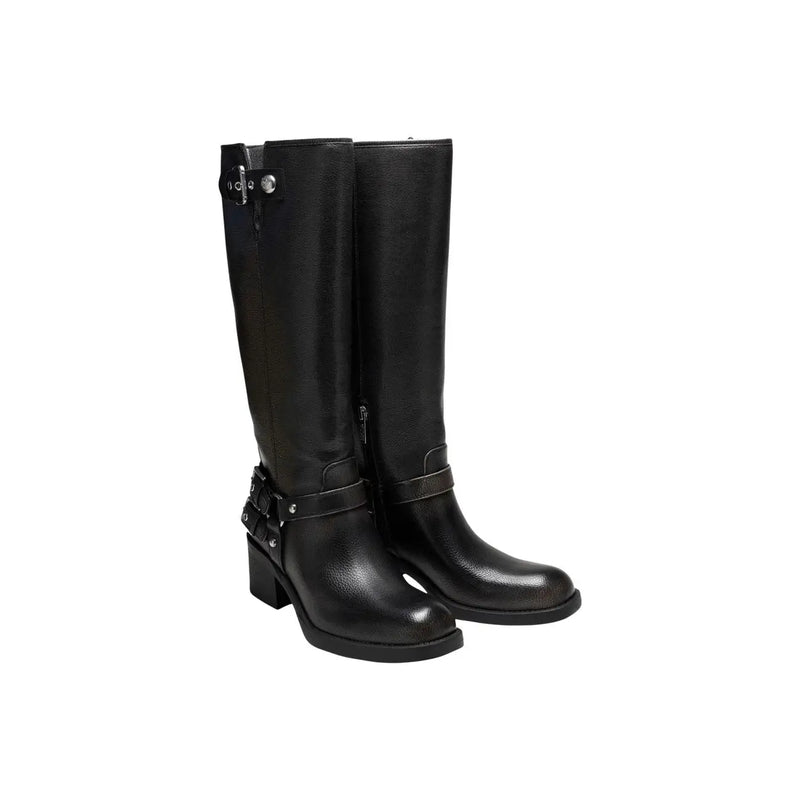 Guess Schwarze kniehohe Damenstiefel aus Polyurethan mit Blockabsätzen und silbernen Schnallen für den Winter