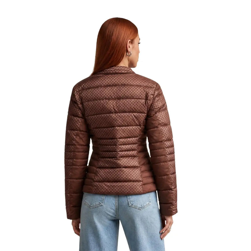 Guess Braune, gesteppte Damen-Polyester-Daunenjacke mit dezentem, rautenförmigem geometrischem Muster für kaltes Wetter