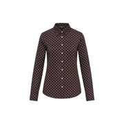 Guess Damenbluse aus braunem Polyester mit klassischen langen Ärmeln und weißen Punkten auf dunkelbraunem Stoff