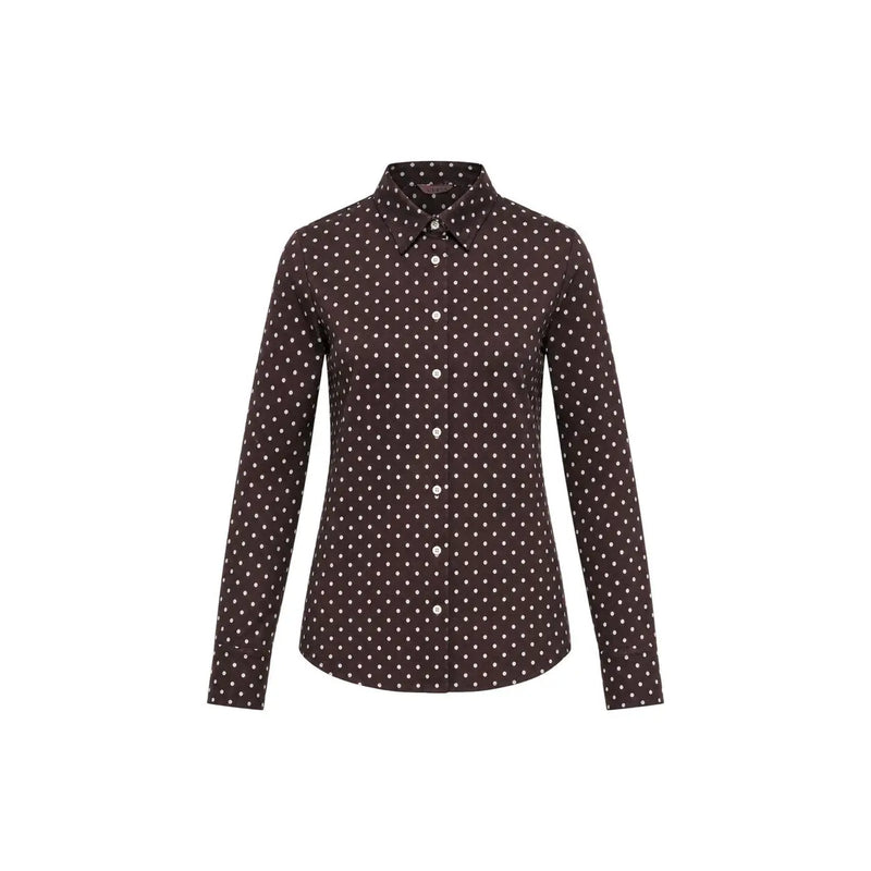 Guess Damenbluse aus braunem Polyester mit klassischen langen Ärmeln und weißen Punkten auf dunkelbraunem Stoff