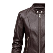 Guess Braune Damen-Motorradjacke aus Polyurethan mit dunkelbraunem Leder, silbernen Reißverschlüssen, Druckknöpfen und Vordertaschen