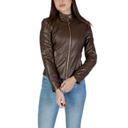 Guess women brown leather moto blazer with quilted diamond pattern and gold zippers