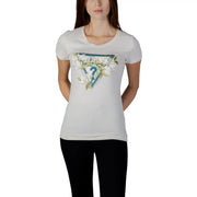 Weiß Guess Damen-T-Shirt aus Baumwolle mit dreieckigem, türkisgrün-weißem Blumenmuster und Fragezeichen-Logo