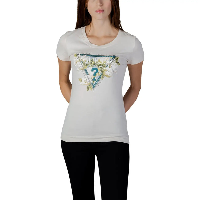 Weiß Guess Damen-T-Shirt aus Baumwolle mit dreieckigem, türkisgrün-weißem Blumenmuster und Fragezeichen-Logo