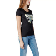 Guess Schwarzes Damen-T-Shirt aus Baumwolle mit Rundhalsausschnitt und dreieckigem Grafikmuster mit weißen Blumen und türkisfarbenen Akzenten