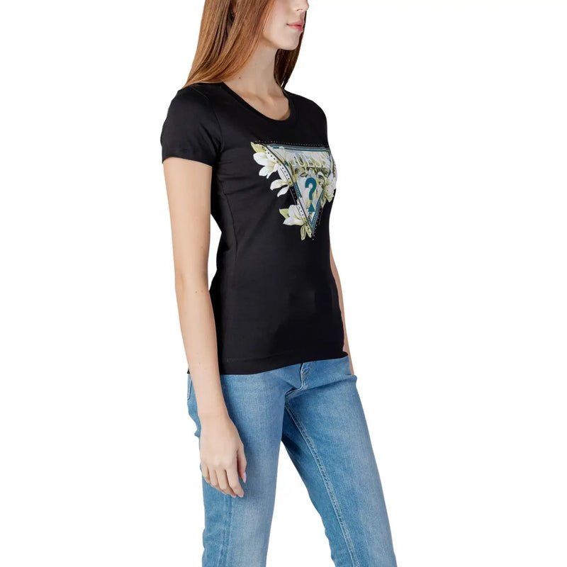 Guess Schwarzes Damen-T-Shirt aus Baumwolle mit Rundhalsausschnitt und dreieckigem Grafikmuster mit weißen Blumen und türkisfarbenen Akzenten