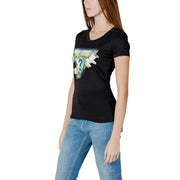 Schwarz Guess Damen-T-Shirt aus Baumwolle mit Strass-Logo, Rundhalsausschnitt und floralem Dreiecksmotiv mit türkisfarbenen, weißen und silbernen Akzenten
