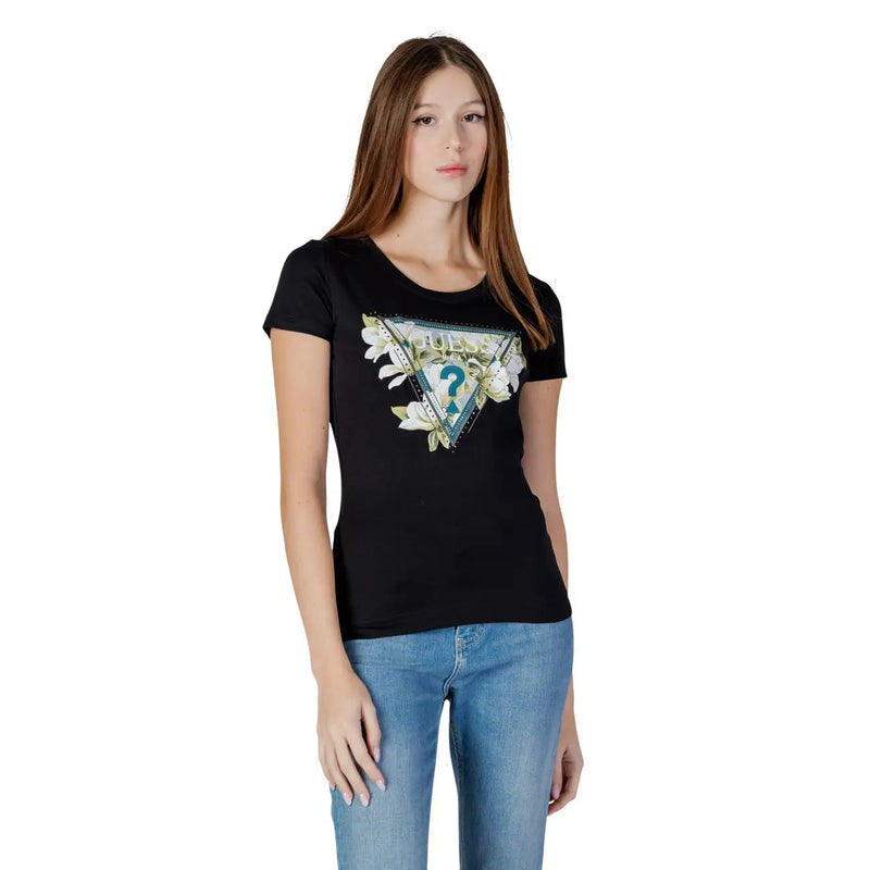 Guess Schwarzes Damen-T-Shirt aus Baumwolle mit Strass-Logo, Rundhalsausschnitt und dreieckigem Blumenmuster sowie türkisfarbenen Fragezeichen-Details.