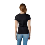 Schwarz Guess Damen-T-Shirt aus Baumwolle mit kurzen Ärmeln, Strass-Logo und schlichtem Rundhalsausschnitt