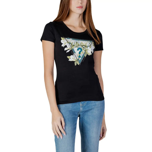 Schwarz guess Damen-T-Shirt aus Baumwolle mit Rundhalsausschnitt, dreieckiger weißer Blume und türkisfarbenen Strass-Logoakzenten