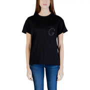 Schwarzes Kurzarmhemd Guess Damen-T-Shirt aus Baumwolle mit glitzerndem G-Logo auf der Brusttasche und Rundhalsausschnitt