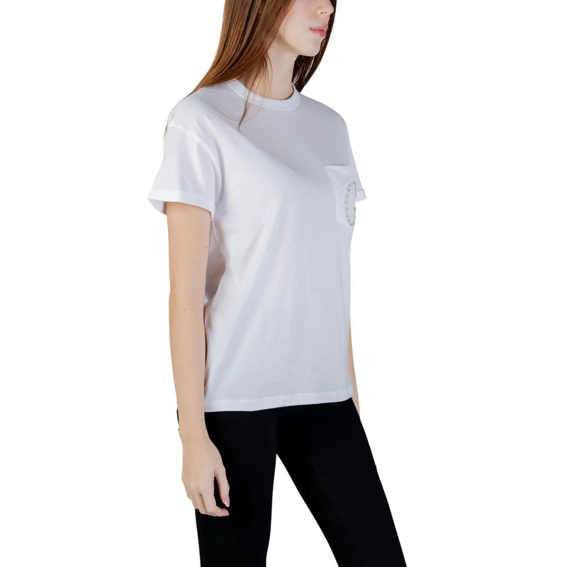 Weiß guess Damen-T-Shirt aus Baumwolle mit Rundhalsausschnitt und dezenter, kreisförmiger Verzierung auf der Brusttasche