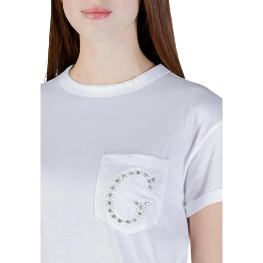 Weiß guess Damen-T-Shirt aus Baumwolle mit Rundhalsausschnitt, einer einzelnen, mit Kristallen verzierten Tasche und AG-Logo
