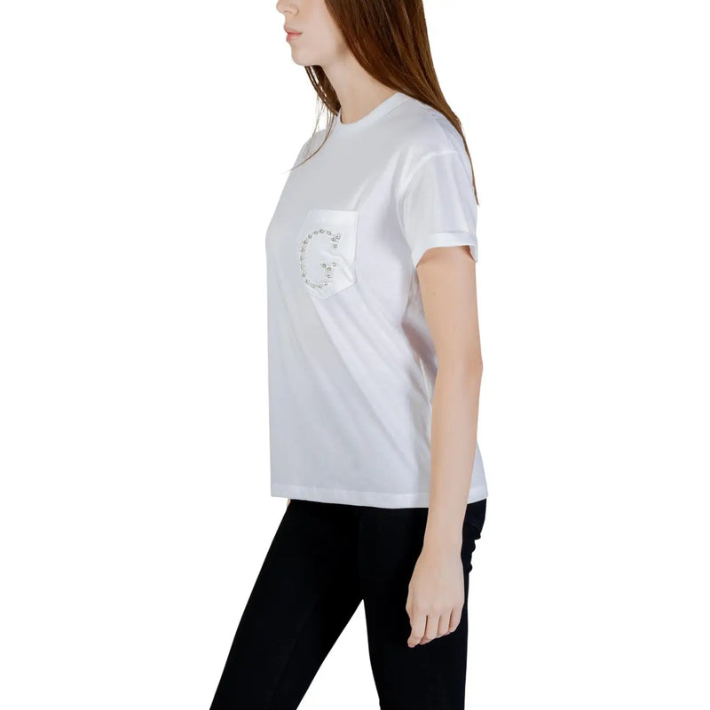 Guess Weißes Damen-T-Shirt aus Baumwolle mit Rundhalsausschnitt, verziert mit einer kristallbesetzten Tasche und dem Gucci-G-Logo