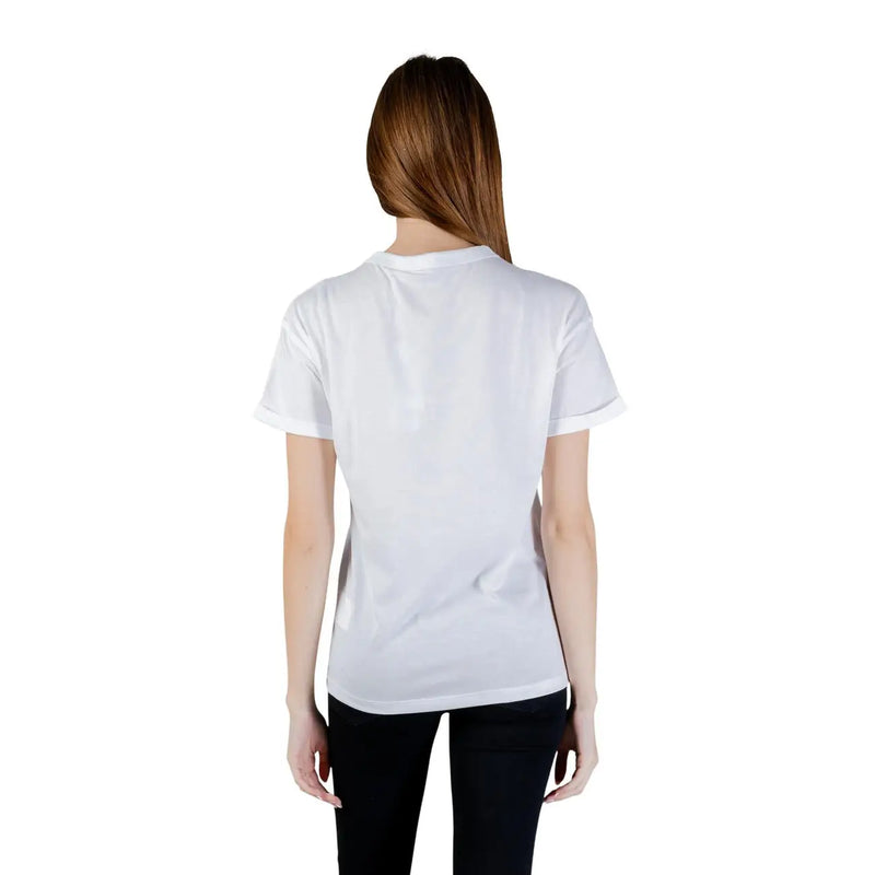 Weiß Guess Damen-T-Shirt aus Baumwolle mit Rundhalsausschnitt, kurzen Ärmeln und einer einzelnen Tasche in minimalistischem Design