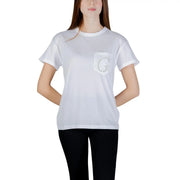 Guess Weißes Damen-T-Shirt aus Baumwolle mit Rundhalsausschnitt, kurzem Ärmel, Brusttasche und Strass-G-Detail