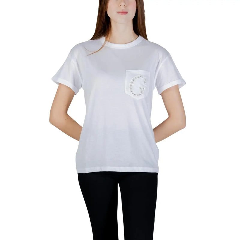 Guess Weißes Damen-T-Shirt aus Baumwolle mit Rundhalsausschnitt, kurzem Ärmel, Brusttasche und Strass-G-Detail