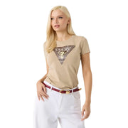 Beige Guess Damen-T-Shirt aus Baumwolle mit glitzerndem dreieckigem Logo und Fragezeichen in Weiß mit Rundhalsausschnitt