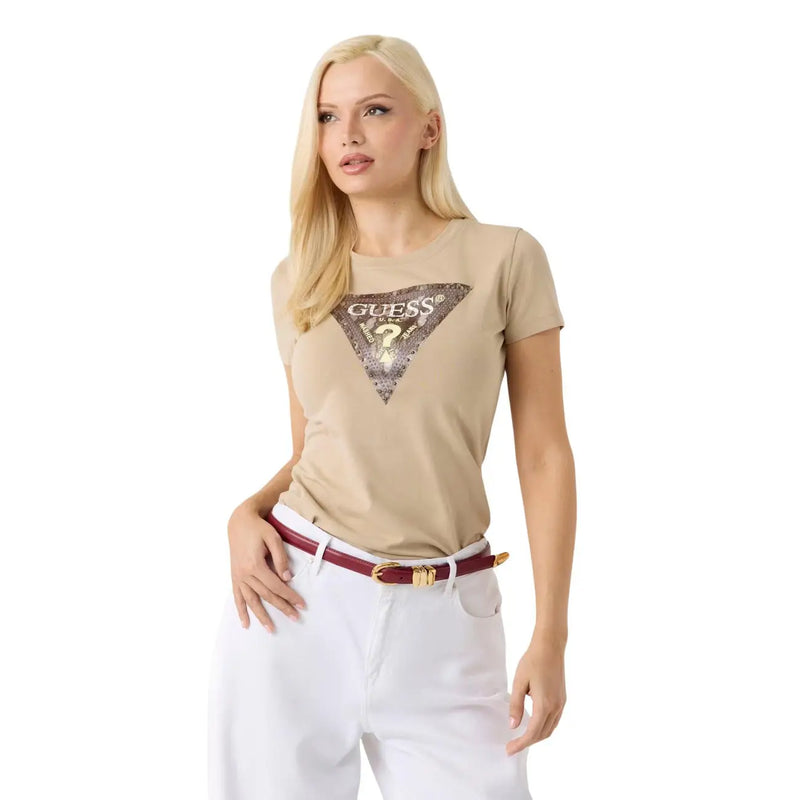 Beige Guess Damen-T-Shirt aus Baumwolle mit glitzerndem dreieckigem Logo und Fragezeichen in Weiß mit Rundhalsausschnitt