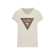 cremefarben Guess Damen-Baumwoll-T-Shirt mit dreieckigen Pailletten Guess USA-Logo und Fragezeichen-Design Vorderseite