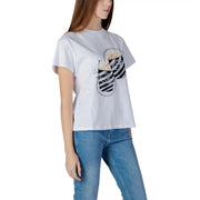 Weiße Baumwolle Guess Damen-T-Shirt mit schwarz-weiß gestreiftem Popcorn-Eimer-Motiv und silbernen Strassverzierungen