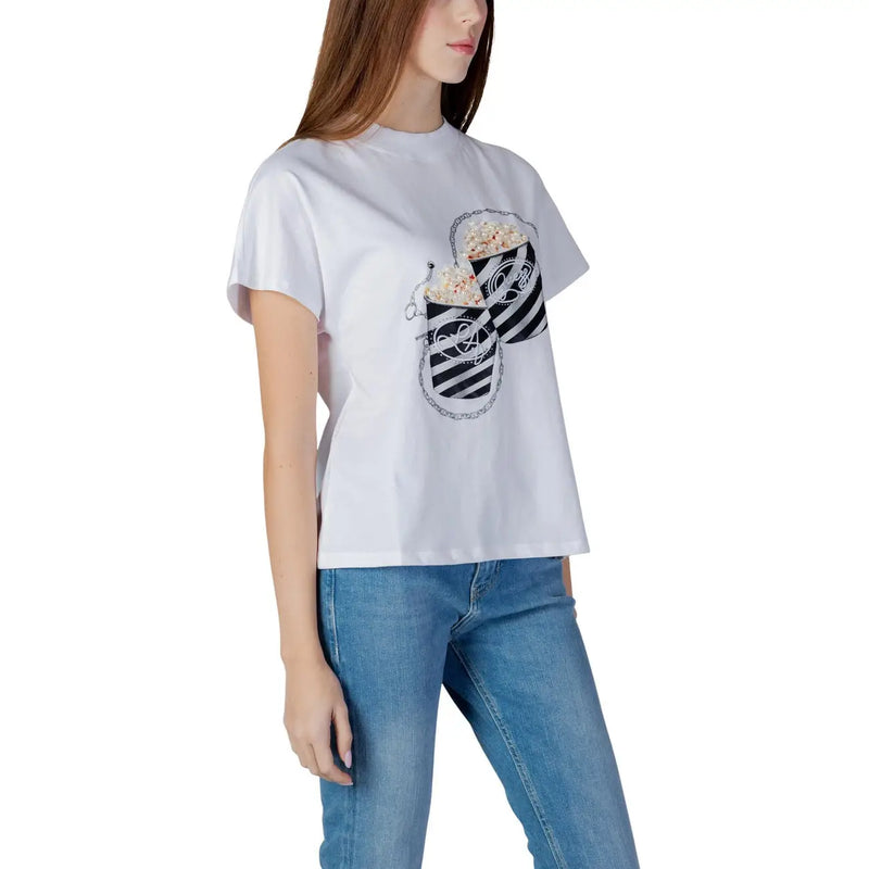 Weiße Baumwolle Guess Damen-T-Shirt mit schwarz-weiß gestreiftem Popcorn-Eimer-Motiv und silbernen Strassverzierungen