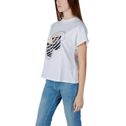 Guess Weißes Damen-T-Shirt aus Baumwolle mit auffälligem schwarz-goldenem Streifenmuster und silbernen Strassverzierungen