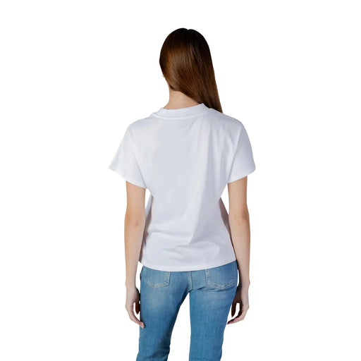 Weißes, kurzärmeliges Baumwoll-T-Shirt mit schlichtem Rundhalsausschnitt von Guess Damen-T-Shirt-Kollektion mit Strasssteinen und Popcorn-Motiv