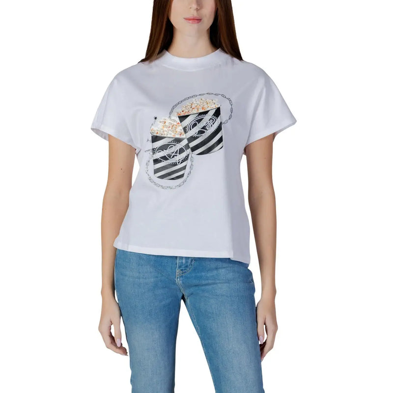 Guess Weißes Damen-T-Shirt aus Baumwolle mit auffälligem, gestreiftem Popcorn-Eimer-Motiv und silbernen Ketten-Strasssteinen