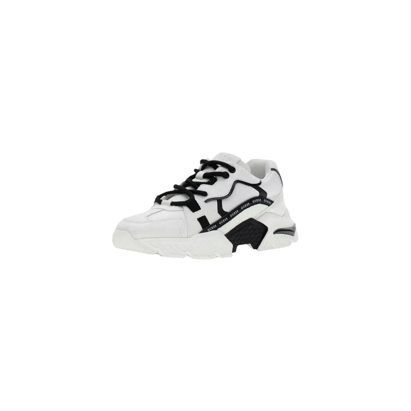 Guess Schwarze Damen-Sneaker aus Leder mit einem klobigen, weiß-schwarzen Design und wiederholten guess Logo an der Seite