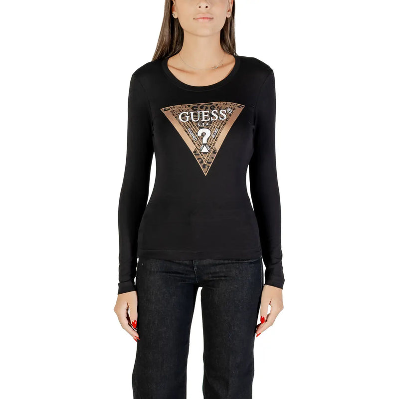 Woman wearing Guess long-sleeve black round neck T-shirt with gold and black patterned logo