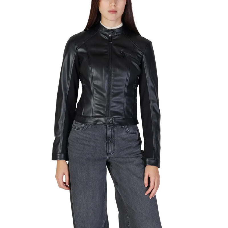 Guess Schwarzer Damenblazer aus Polyurethan mit elegantem, tailliertem Design und dezenten Ziernähten, die an eine Lederjacke erinnern