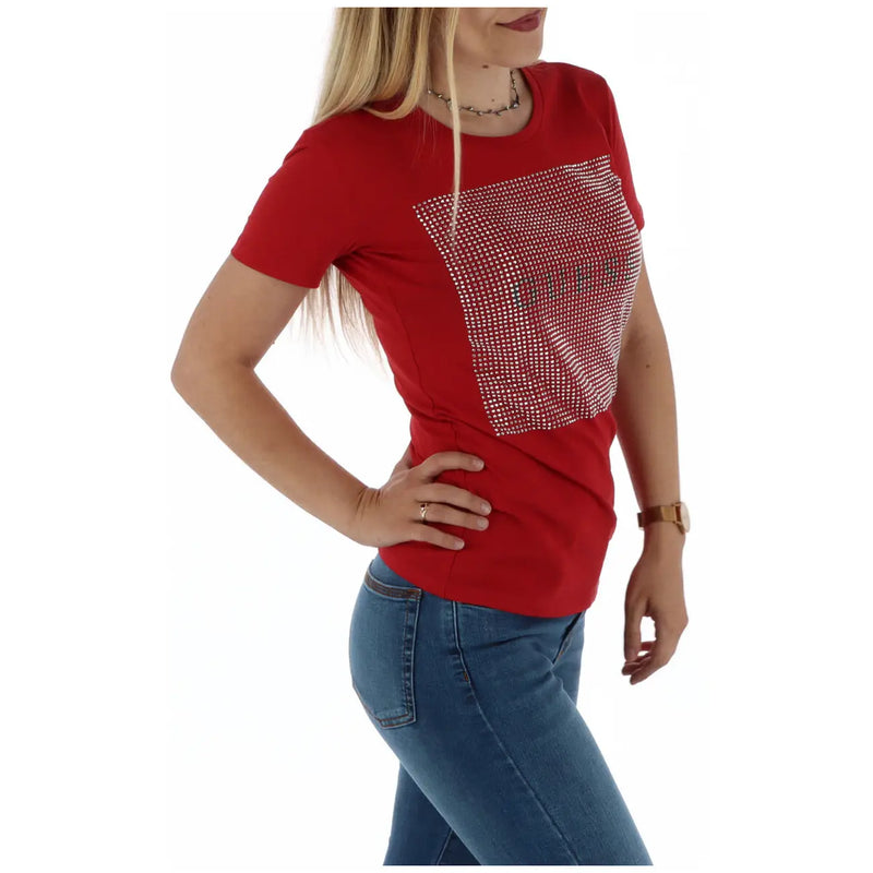 Guess Rotes Damen-T-Shirt aus Baumwolle mit Rundhalsausschnitt und kurzen Ärmeln, verziert mit einem rechteckigen, funkelnden Strassapplikation.