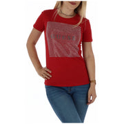 Guess Rotes Damen-T-Shirt aus Baumwolle mit Rundhalsausschnitt und kurzen Ärmeln, verziert mit einem rechteckigen Logo aus funkelnden Strasssteinen auf der Brust.