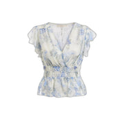 Guess Hellblaue Seidenbluse mit Blumenmuster und V-Ausschnitt aus zartem elfenbeinfarbenem Stoff, Rüschenärmeln und elastischem Bund.