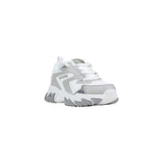 Guess Damen-Sneaker, grau, aus Polyester-Polyurethan, Schnürung, mit einem markanten, mehrlagigen Design in Weiß und Silber sowie Logo